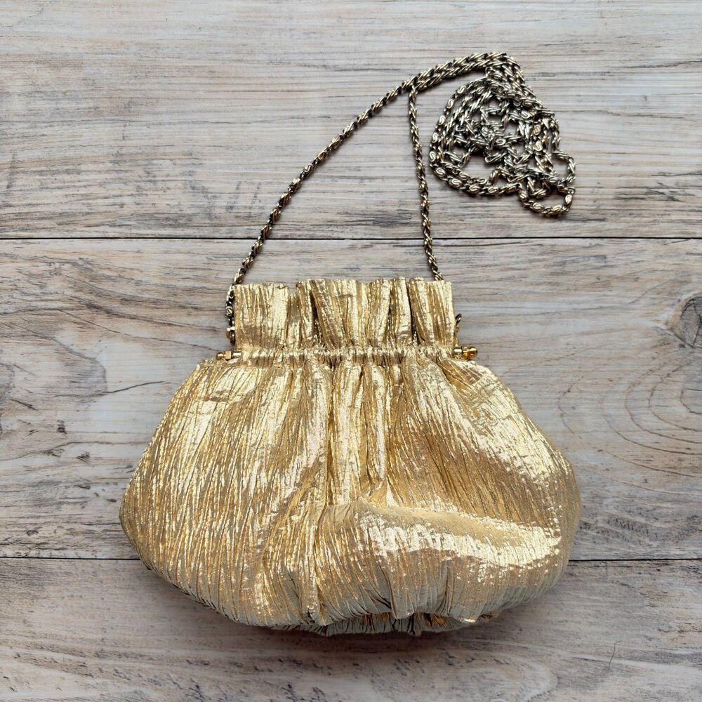 Vintage Vanessa Gold Metallic Ruched Evening Bag Chain Strap Clutch Purse Y2K
